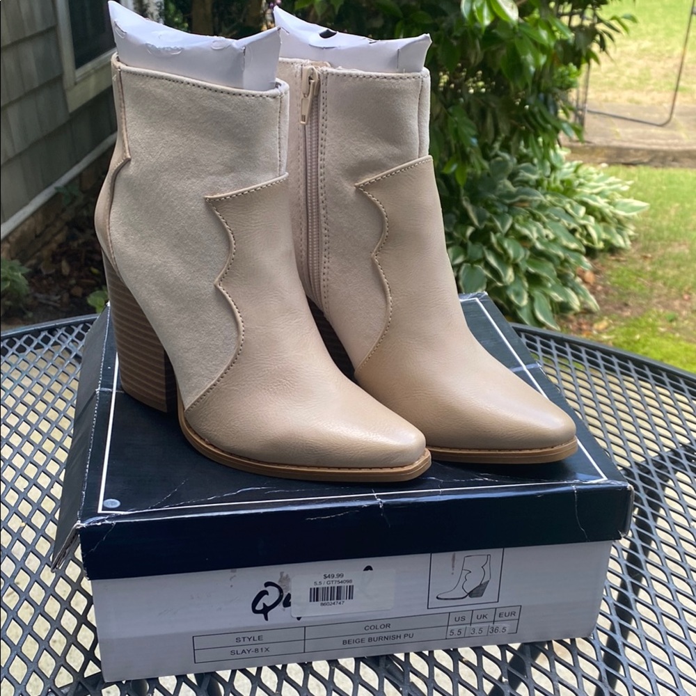 Qupid Cream Heeled Boots Western Style